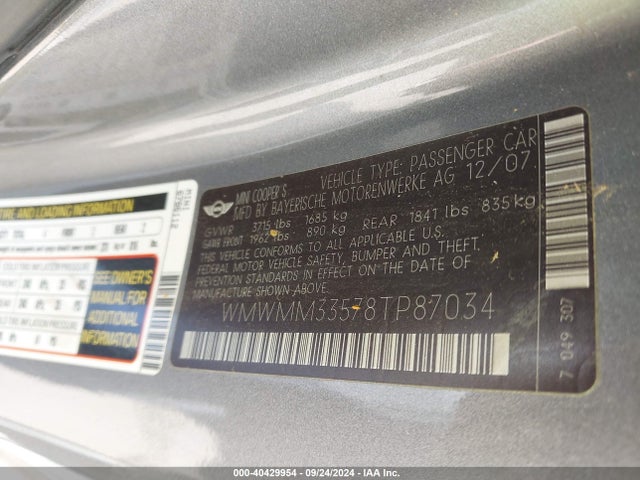 2008 MINI COOPER S CLUBMAN WMWMM33578TP87034 Photo 8