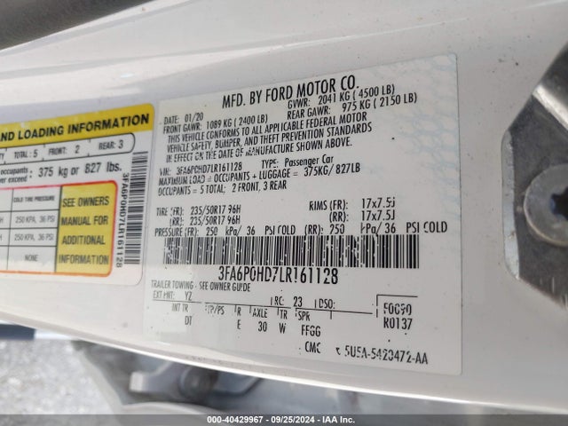 Ford FUSION SE 2020 3FA6P0HD7LR161128 Image 9
