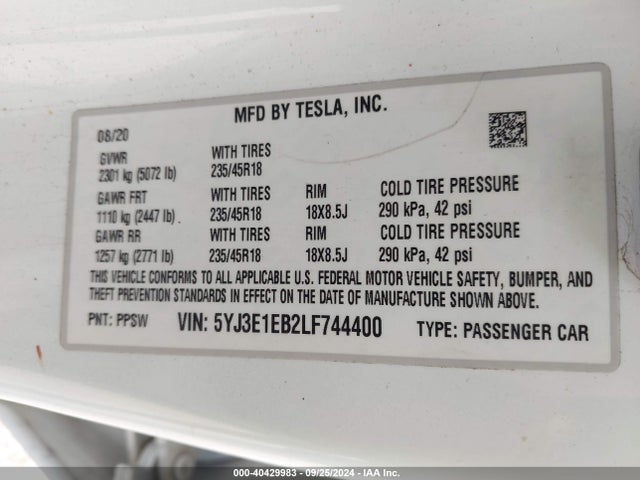 2020 TESLA MODEL 3 5YJ3E1EB2LF744400 Photo 8