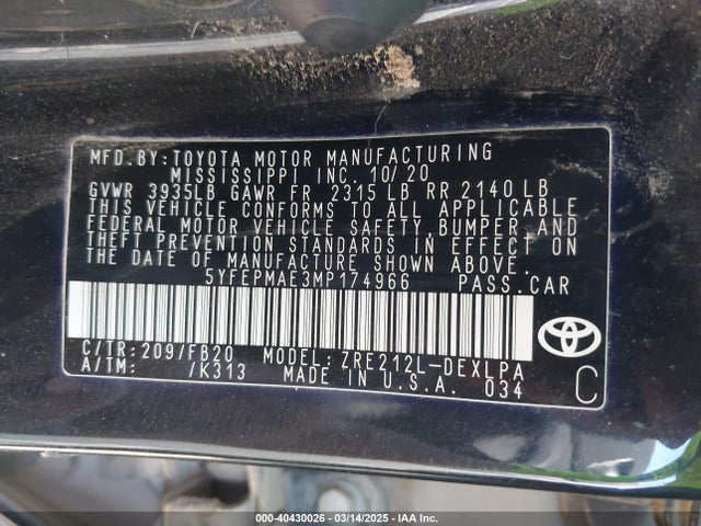 Toyota COROLLA LE 2021 5YFEPMAE3MP174966 Image 9