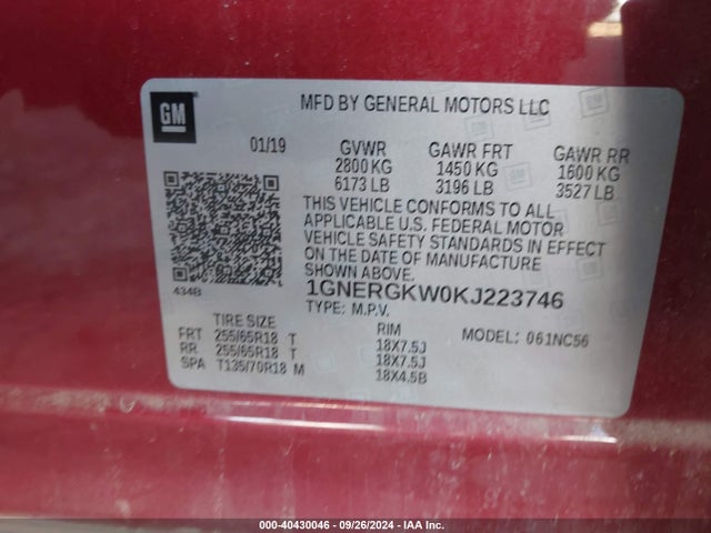 Chevrolet Traverse 1lt 2019 1GNERGKW0KJ223746 Image 9
