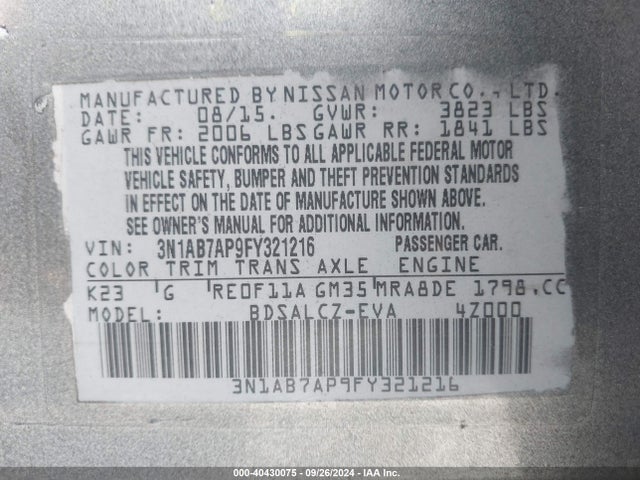 3N1AB7AP9FY321216 Nissan SENTRA S