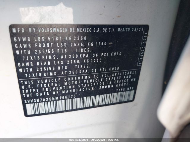 3VV3B7AX5NM166175 Volkswagen Tiguan 2.0t Se