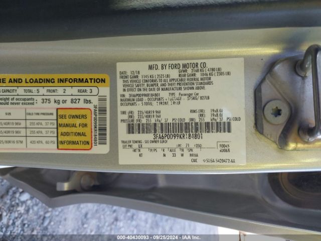 3FA6P0D99KR184801 Ford Fusion Titanium