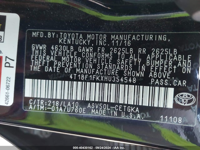 Toyota CAMRY XLE 2017 4T1BF1FKXHU354548 Image 9