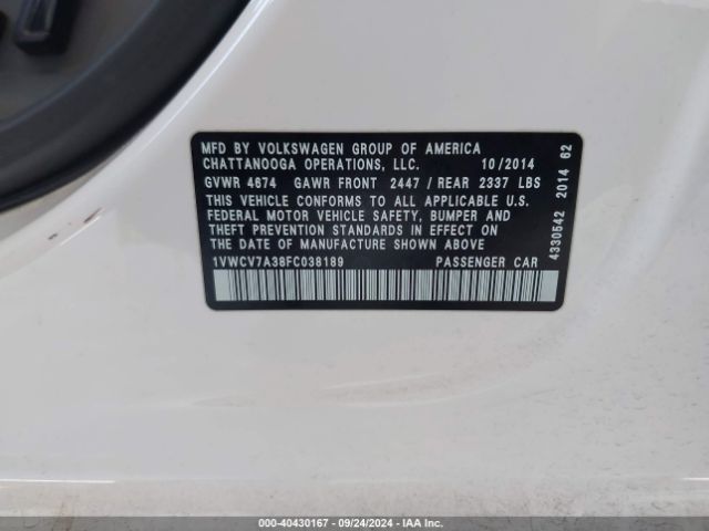 1VWCV7A38FC038189 Volkswagen Passat 2.0l Tdi Sel Premium