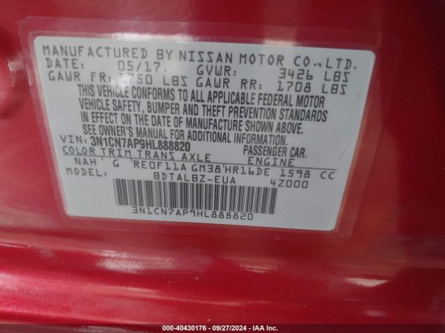 3N1CN7AP9HL888820 Nissan Versa 1.6 Sv