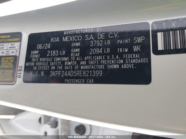 Продажа на аукционе авто 2024 Kia Forte Lxs, vin: 3KPF24AD5RE821399, номер лота: 40430343