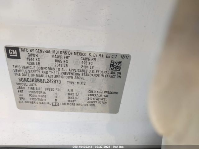 3GNCJKSB0JL242870 Chevrolet TRAX LS