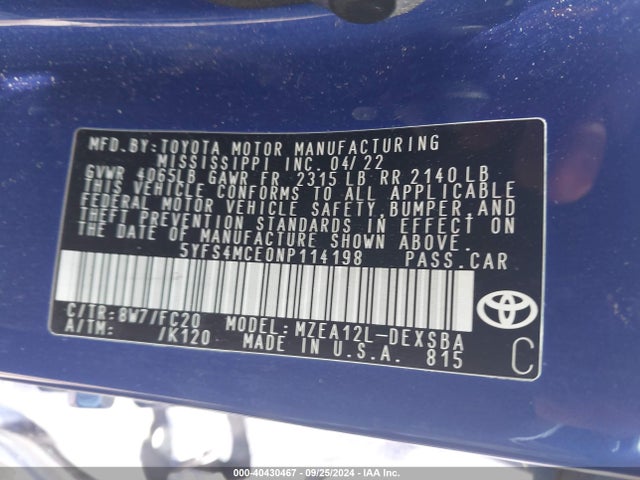 Toyota COROLLA SE 2022 5YFS4MCE0NP114198 Image 9