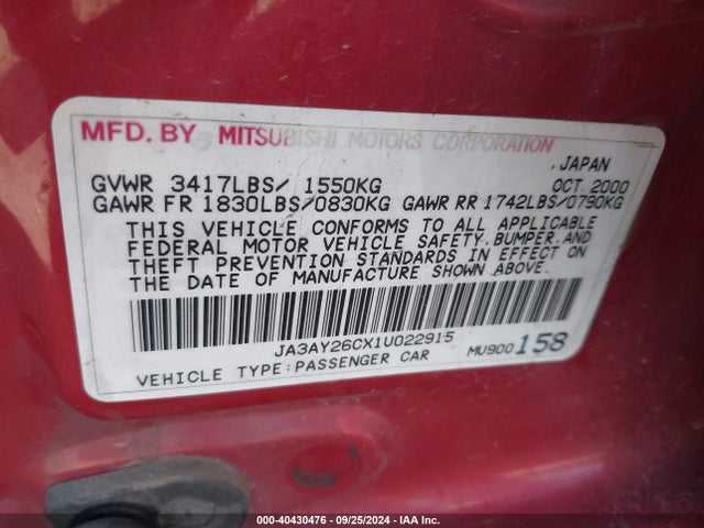 2001 MITSUBISHI MIRAGE JA3AY26CX1U022915 Photo 8