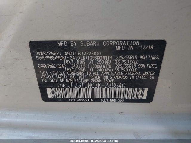 Subaru CROSSTREK HYBRID 2019 JF2GTDNC3KH288540 Image 9