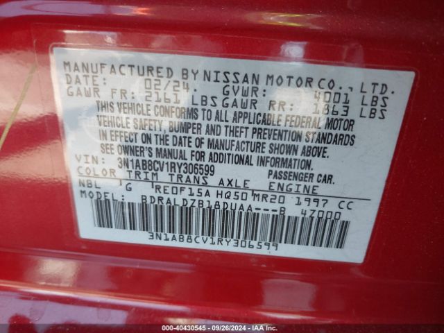 3N1AB8CV1RY306599 Nissan Sentra Sv Xtronic Cvt