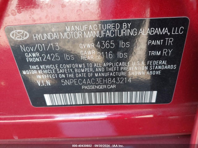 Hyundai SONATA SE 2014 5NPEC4AC3EH843214 Image 9