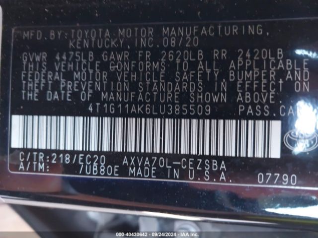 4T1G11AK6LU385509 Toyota Camry Se Nightshade Edition