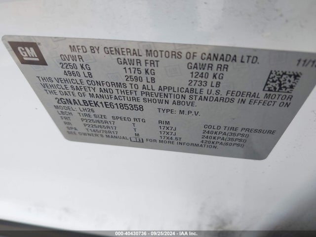 Chevrolet EQUINOX 1LT 2014 2GNALBEK1E6185358 Image 9