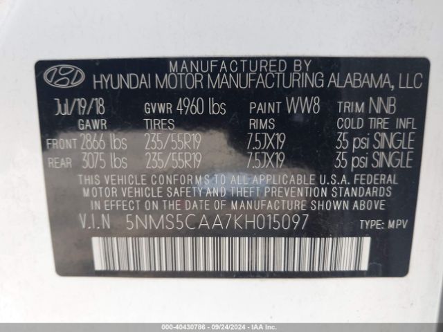5NMS5CAA7KH015097 Hyundai Santa Fe Limited 2.0t