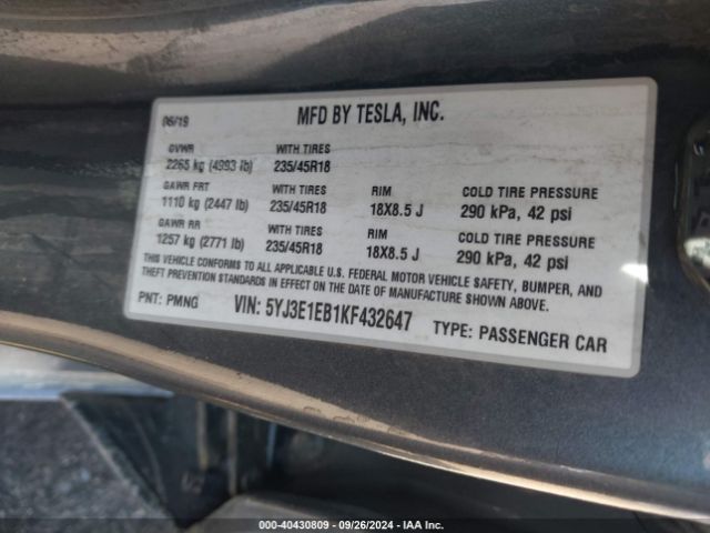 5YJ3E1EB1KF432647 Tesla Model 3 Long Range/performance