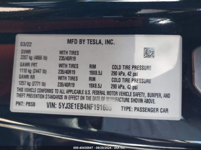 5YJ3E1EB4NF191655 Tesla MODEL 3
