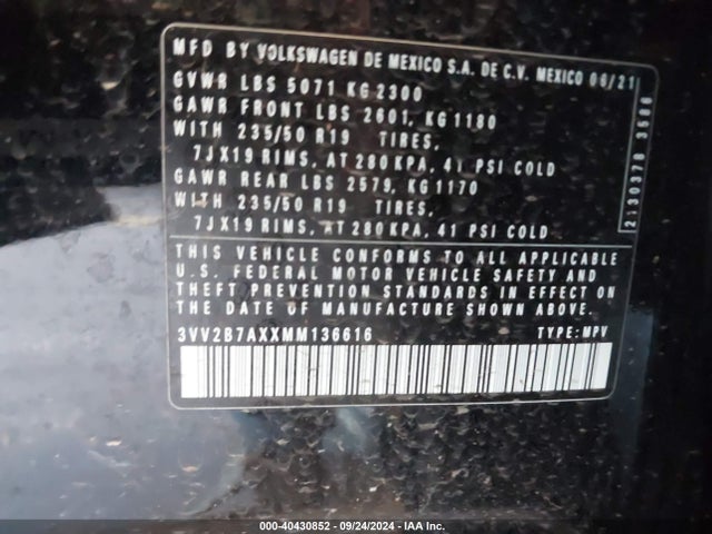 3VV2B7AXXMM136616 Volkswagen Tiguan 2.0t Se/2.0t Se R-line Black/2.0t Sel