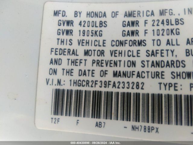 1HGCR2F39FA233282 Honda ACCORD LX