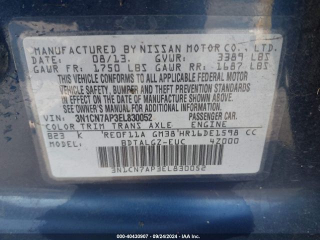 3N1CN7AP3EL830052 Nissan Versa 1.6 Sl
