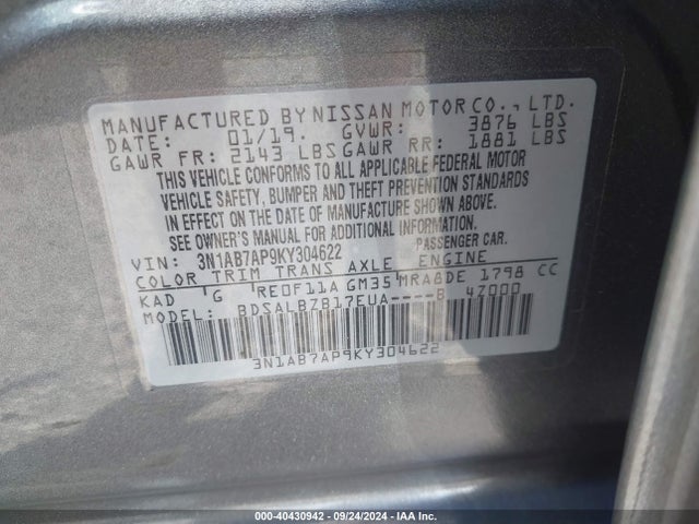 Nissan SENTRA S 2019 3N1AB7AP9KY304622 Image 9