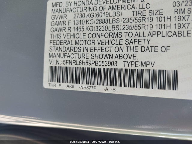 Honda Odyssey Touring 2023 5FNRL6H89PB053903 Image 9