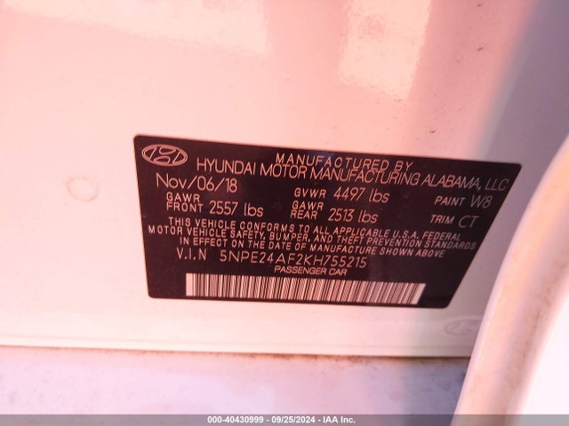 Hyundai SONATA SE 2019 5NPE24AF2KH755215 Image 9