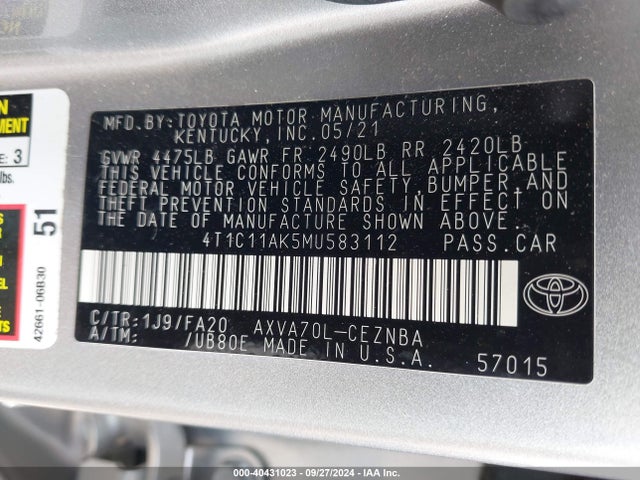 Toyota CAMRY LE 2021 4T1C11AK5MU583112 Image 9