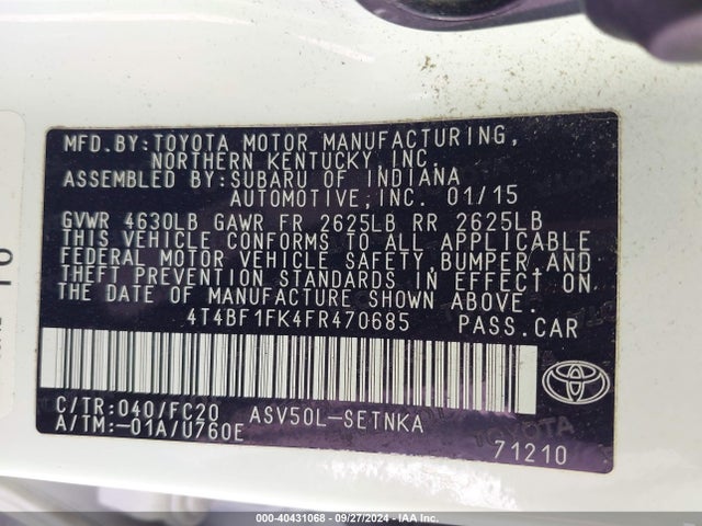 Toyota CAMRY LE 2015 4T4BF1FK4FR470685 Image 9