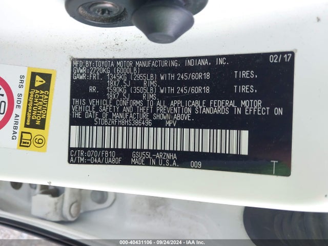 5TDBZRFH8HS386496 Toyota Highlander Le