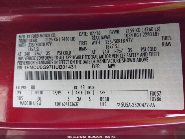 Ford ESCAPE SE 2017 1FMCU0G97HUB01431 Image 9