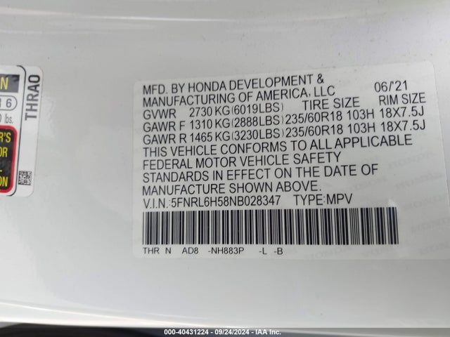 Honda ODYSSEY EX 2022 5FNRL6H58NB028347 Image 9