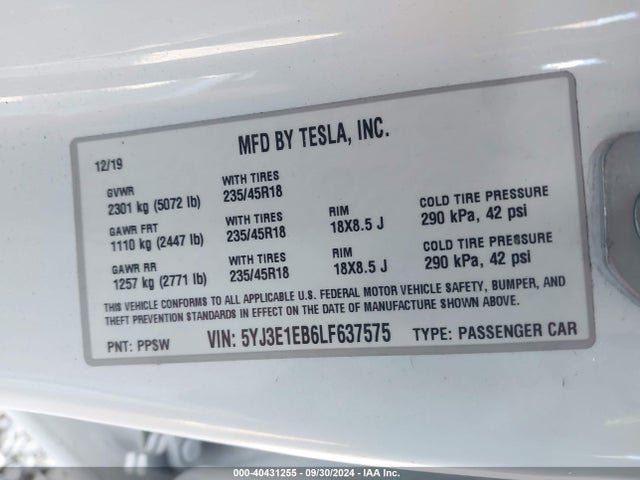 2020 TESLA MODEL 3 5YJ3E1EB6LF637575 Photo 8