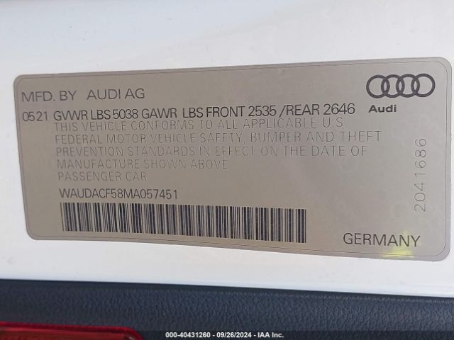 WAUDACF58MA057451 Audi A5 Sportback Premium 45 Tfsi Quattro S Tronic