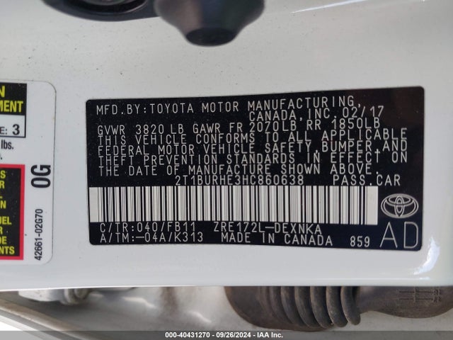 2T1BURHE3HC860638 Toyota COROLLA LE