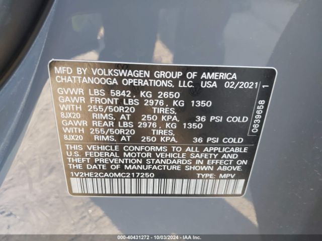 1V2HE2CA0MC217250 Volkswagen Atlas Cross Sport 3.6l V6 Se W/technology