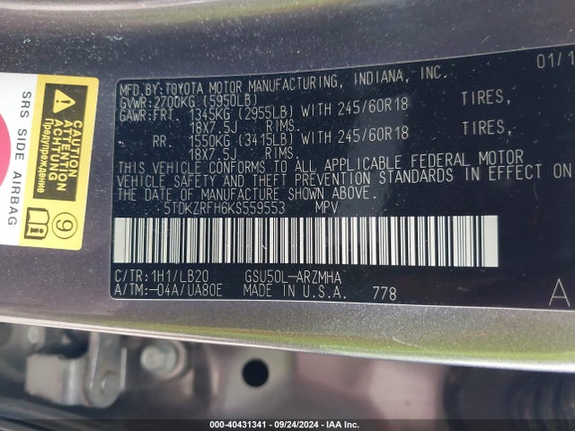 Toyota Highlander Xle 2019 5TDKZRFH6KS559553 Image 9