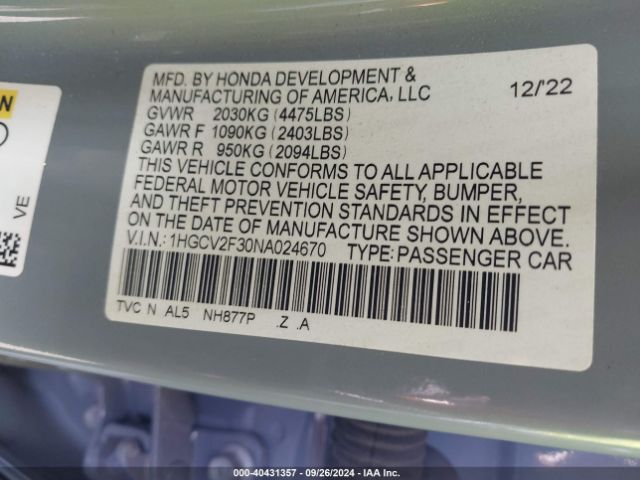 1HGCV2F30NA024670 Honda Accord Sport 2.0t
