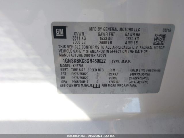 1GNSKBKC8GR459022 Chevrolet Tahoe Lt