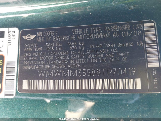 2008 MINI COOPER S CLUBMAN WMWMM33588TP70419 Photo 8