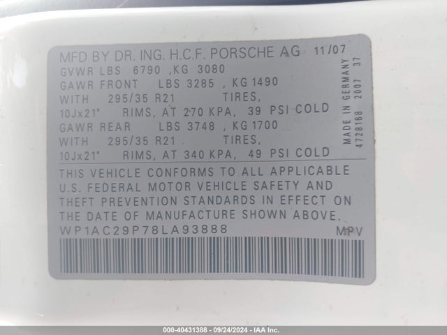 2008 PORSCHE CAYENNE WP1AC29P78LA93888 Photo 8