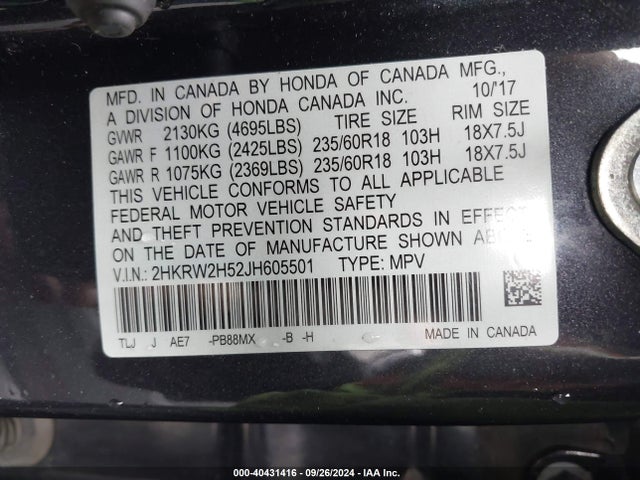 Honda CR-V EX 2018 2HKRW2H52JH605501 Image 9