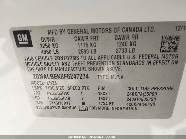 Chevrolet EQUINOX 1LT 2015 2GNALBEK8F6247274 Image 9