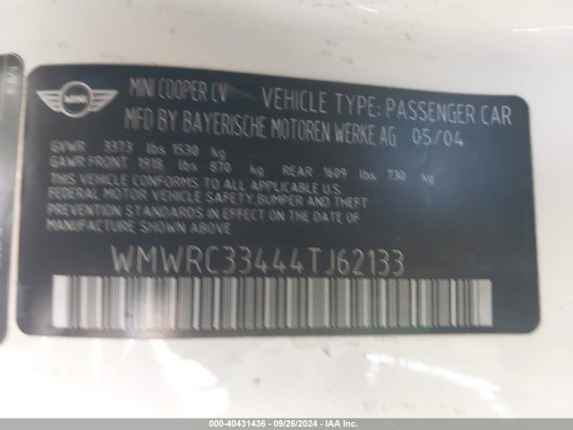 2004 MINI COOPER WMWRC33444TJ62133 Photo 8