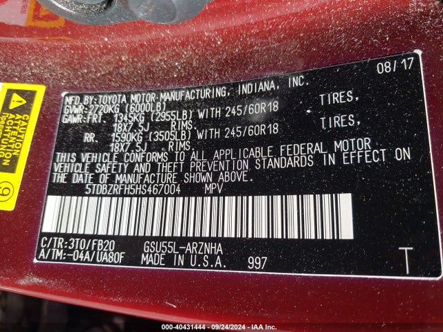 Toyota Highlander Le 2017 5TDBZRFH5HS467004 Image 9
