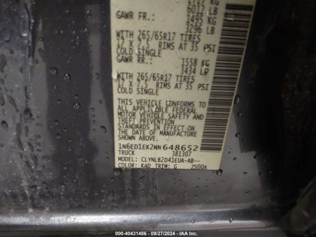 1N6ED1EK2NN648652 Nissan Frontier Sv 4x4