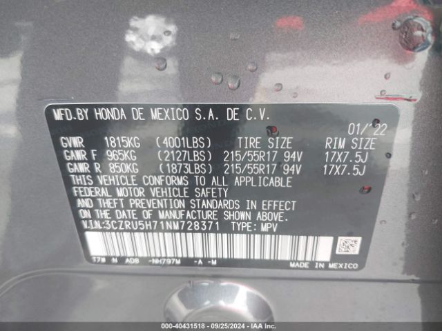 3CZRU5H71NM728371 Honda Hr-v 2wd Ex-l
