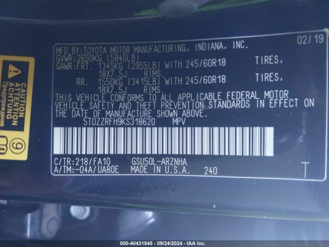 5TDZZRFH9KS318620 Toyota Highlander Le Plus